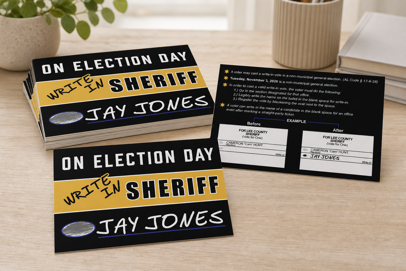 Jay Jones write-in sheriff campaign postcards showing front and back designs