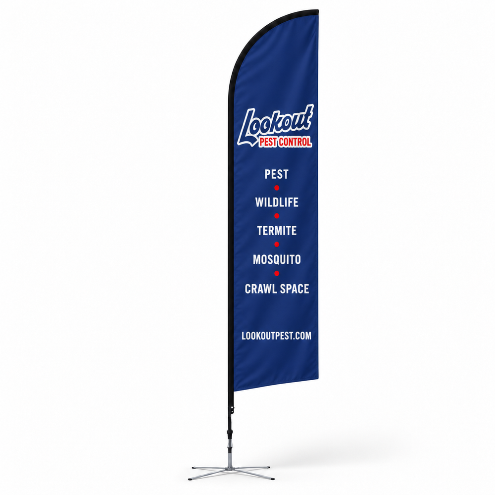 Lookout Pest Control 14-foot feather flag on an X-base, illustrative product mockup