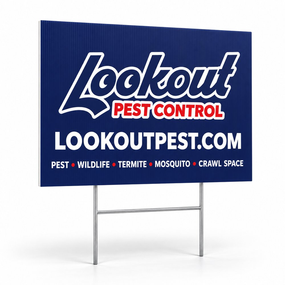 Lookout Pest Control yard sign concept on a metal H-stake, navy with Lookout logo, LOOKOUTPEST.COM and service list on a white studio background.