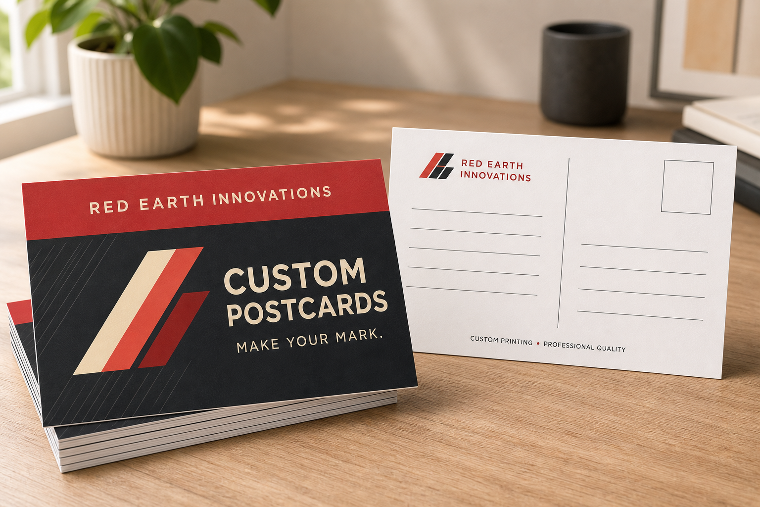 Custom Red Earth Innovations 5 x 7 postcards showing front and back designs on a desk