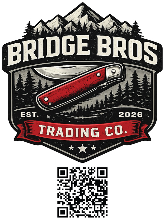 Bridge Bros Trading Co. 3 x 4 decal artwork with knife logo and QR code