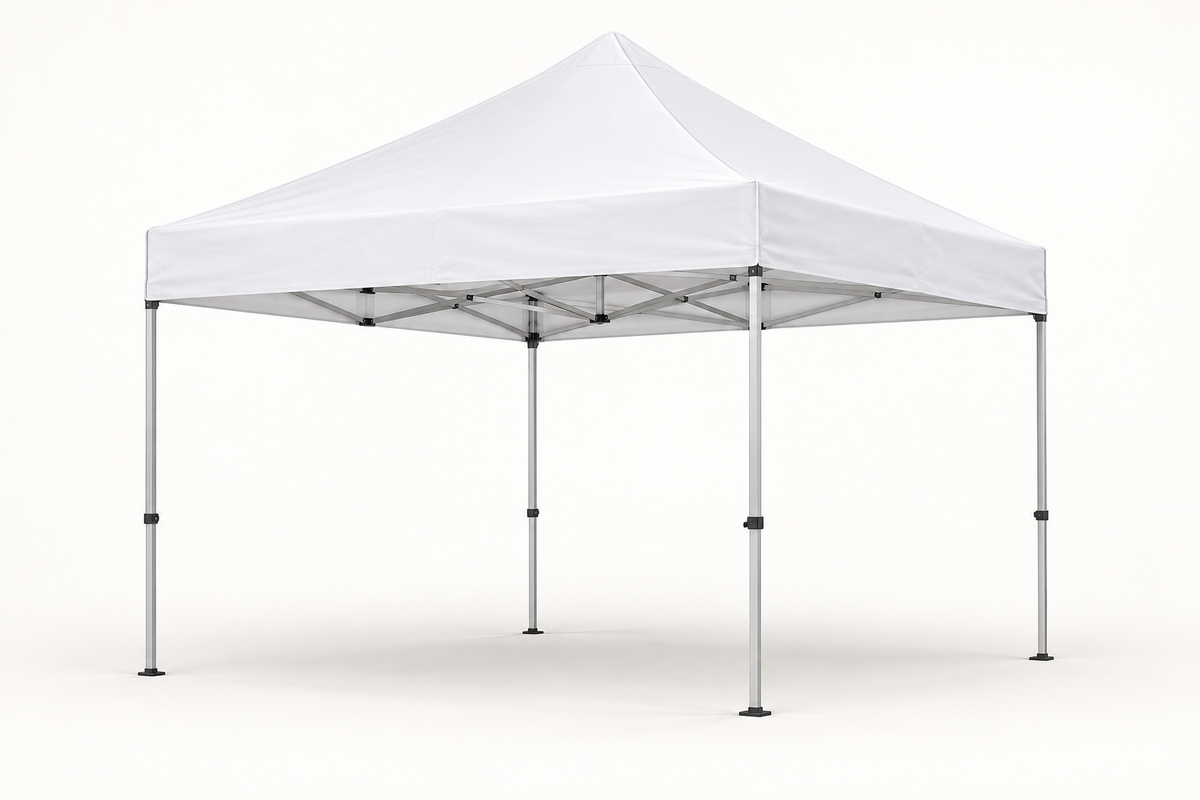 Unbranded white 10 × 10 ft pop-up canopy tent on a studio background. Illustrative Coreline product rendering.