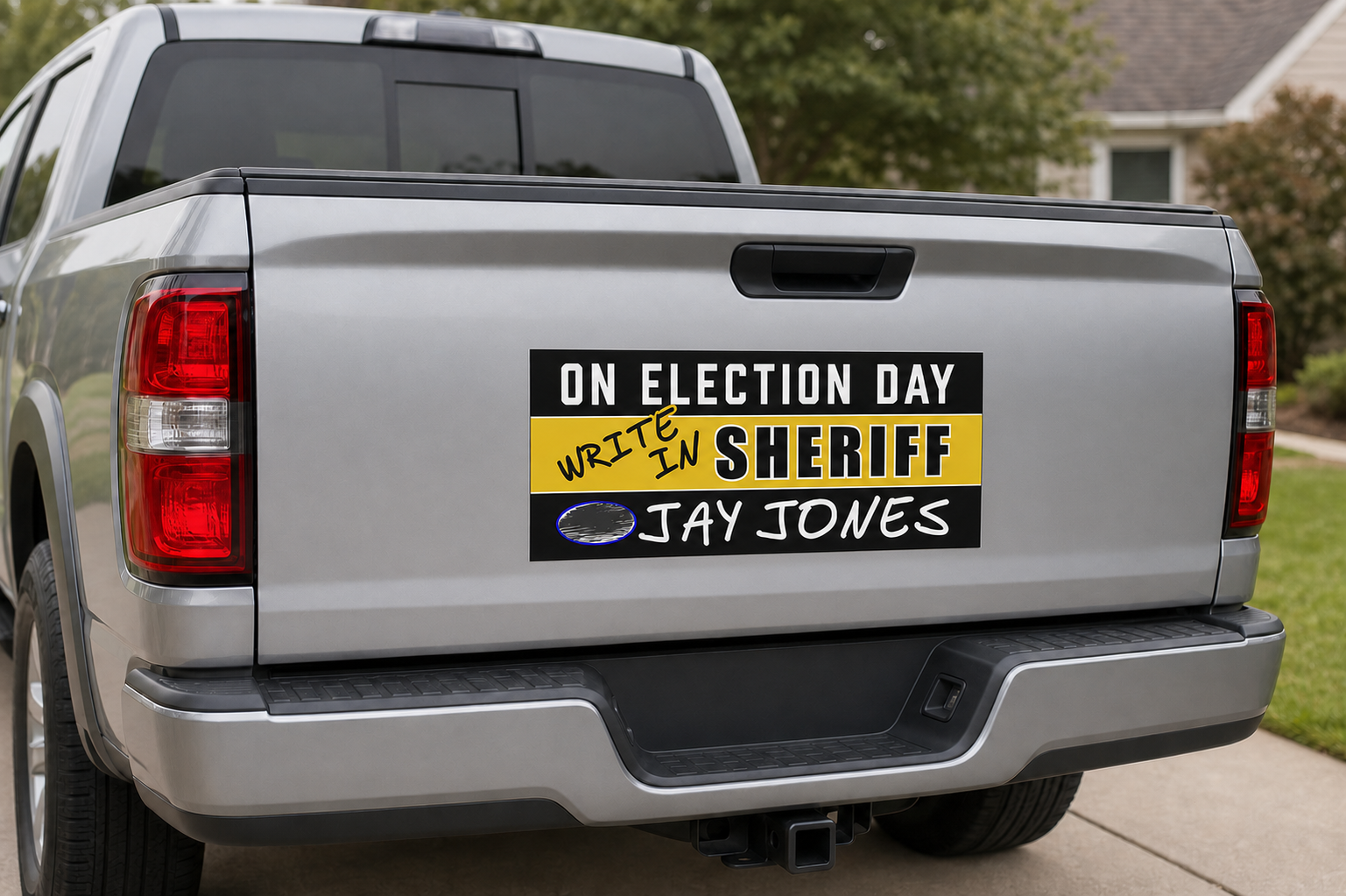 Jay Jones 24 x 12 inch vehicle magnet shown at accurate scale on a pickup truck tailgate