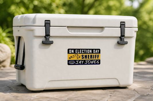 Jay Jones write-in sheriff 2 x 4 campaign decal displayed on a cooler