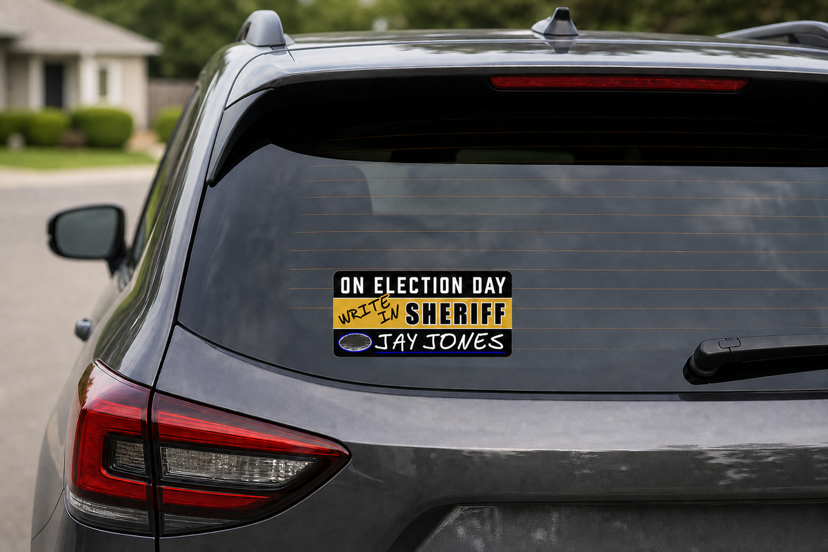 Jay Jones write-in sheriff 4 x 8 campaign decal displayed on a car rear window