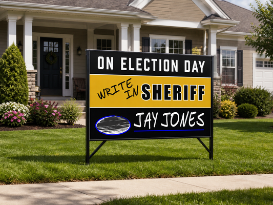 Jay Jones write-in sheriff 72 x 48 large campaign yard sign displayed outdoors