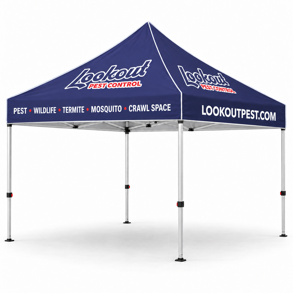 Lookout Pest Control 10x10 canopy tent, navy with Lookout branding, services and LOOKOUTPEST.COM, on a white studio background.