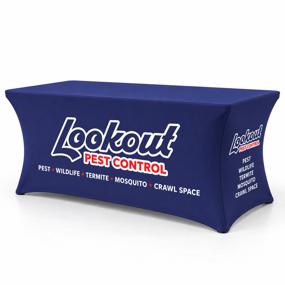 Lookout Pest Control fitted 6-foot tablecloth, navy with Lookout logo and service list, on a white studio background.