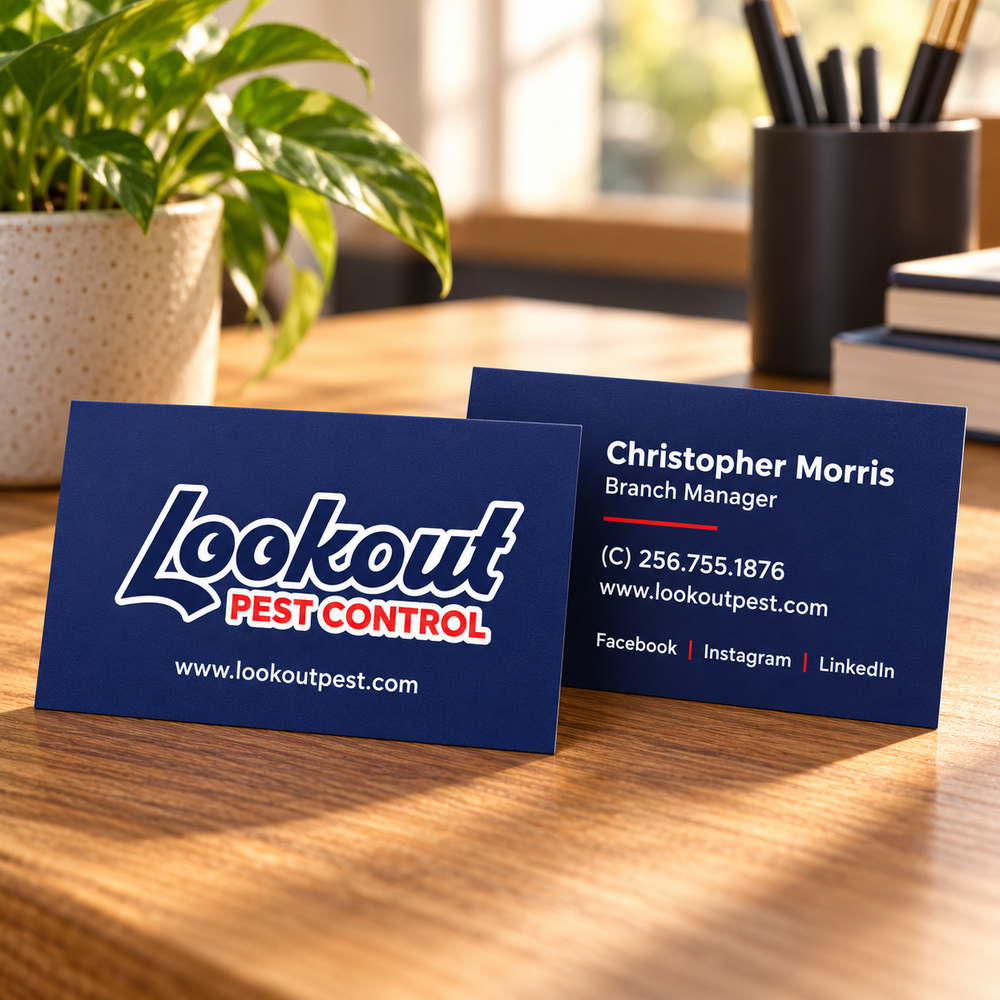 Lookout Pest Control business card lifestyle mockup showing front and back on a sunlit wooden desk, with Christopher Morris, Branch Manager contact details.