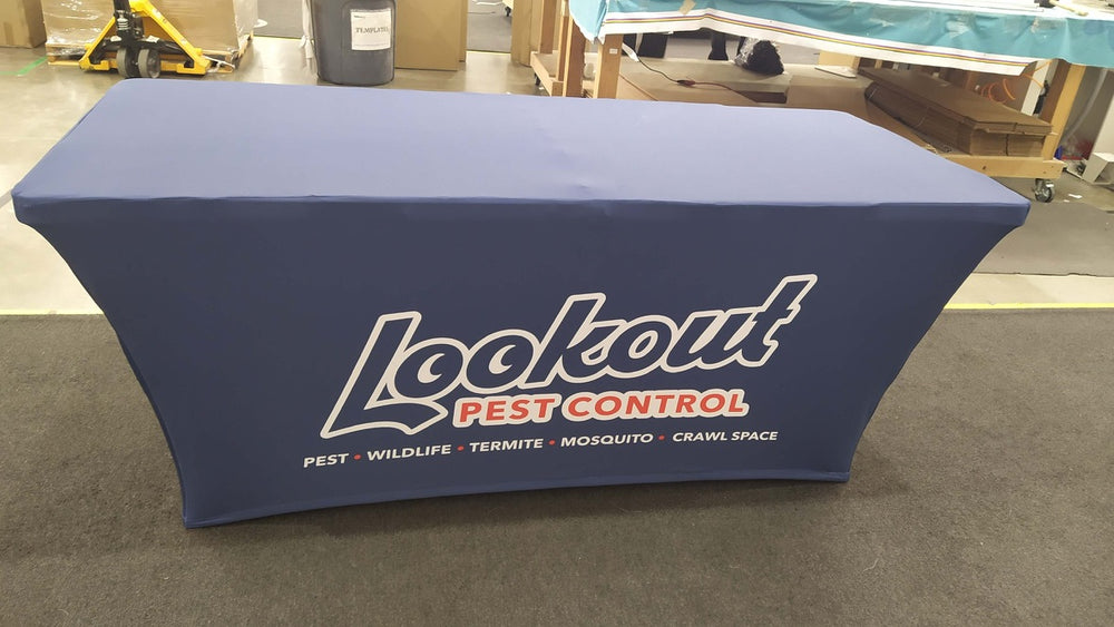 Custom fitted stretch table cover printed for Lookout Pest Control
