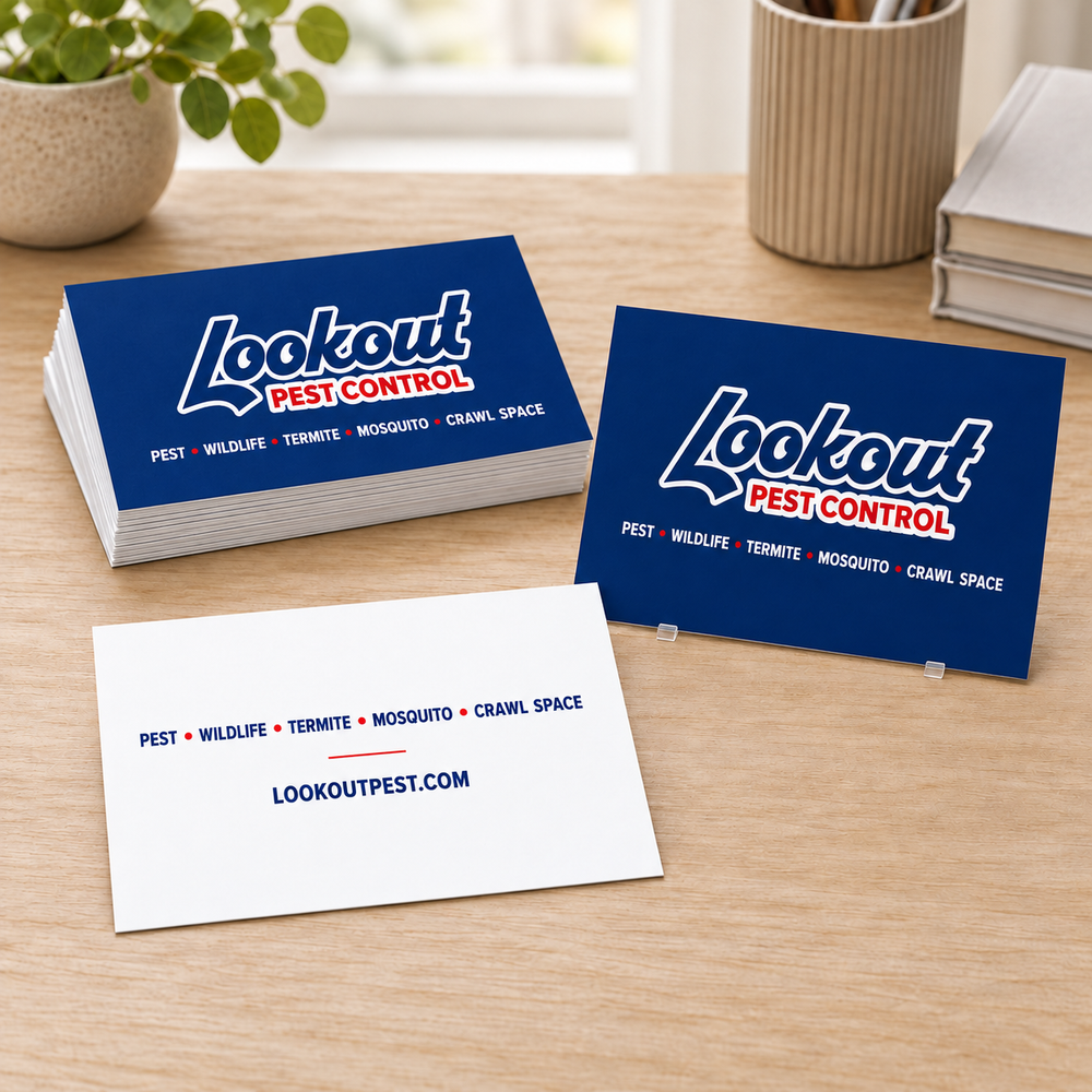 Lookout Pest Control 5 × 7 in postcards — front and back with navy, white and red branding.