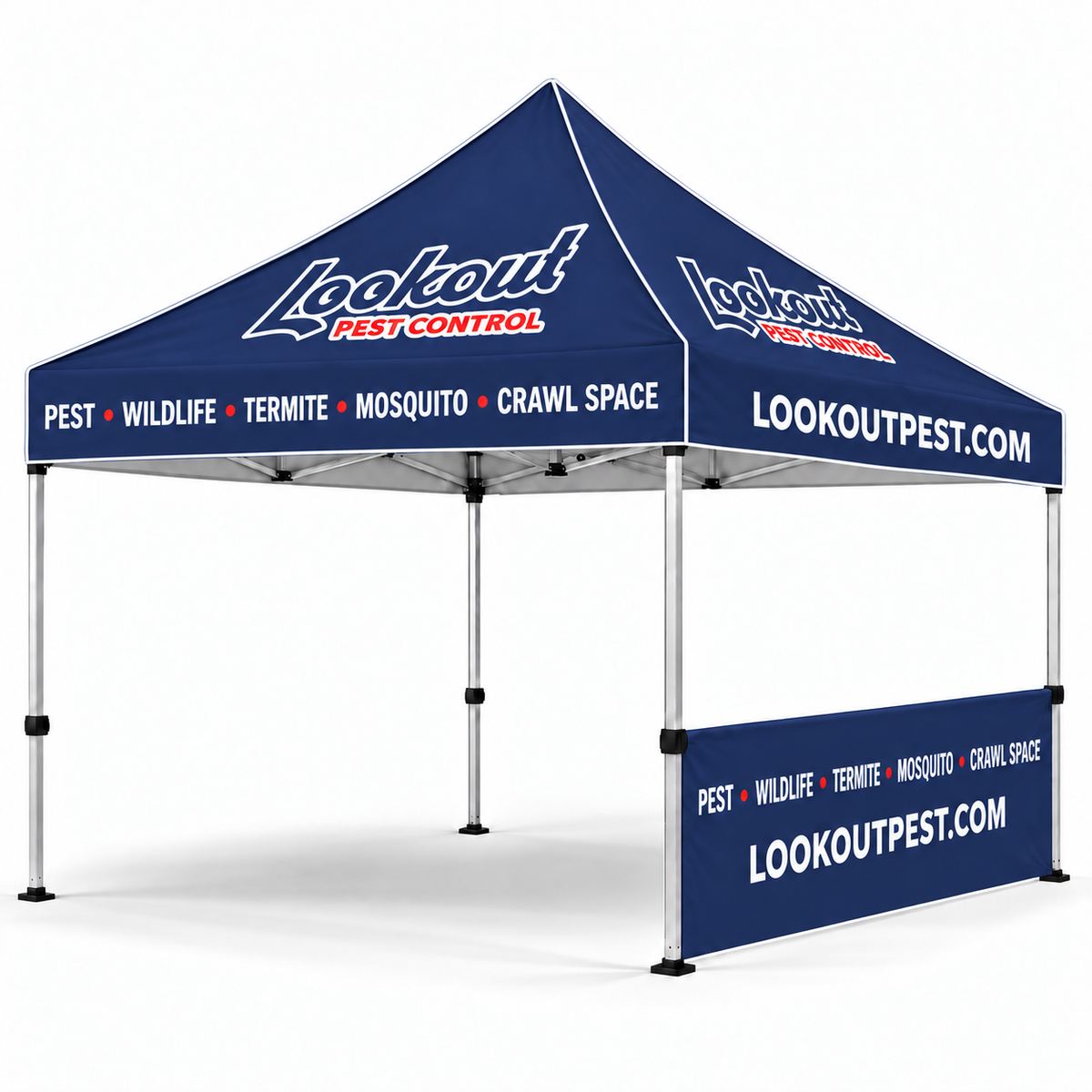 Lookout Pest Control 10 × 10 ft canopy tent — One half sidewall with white canopy piping.