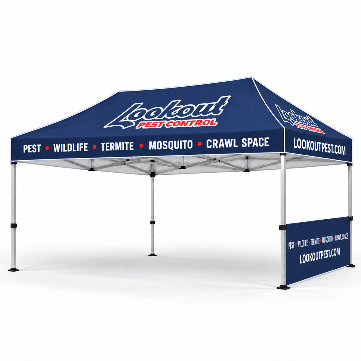 Lookout 10x15 tent — one half sidewall; illustrative mockup.