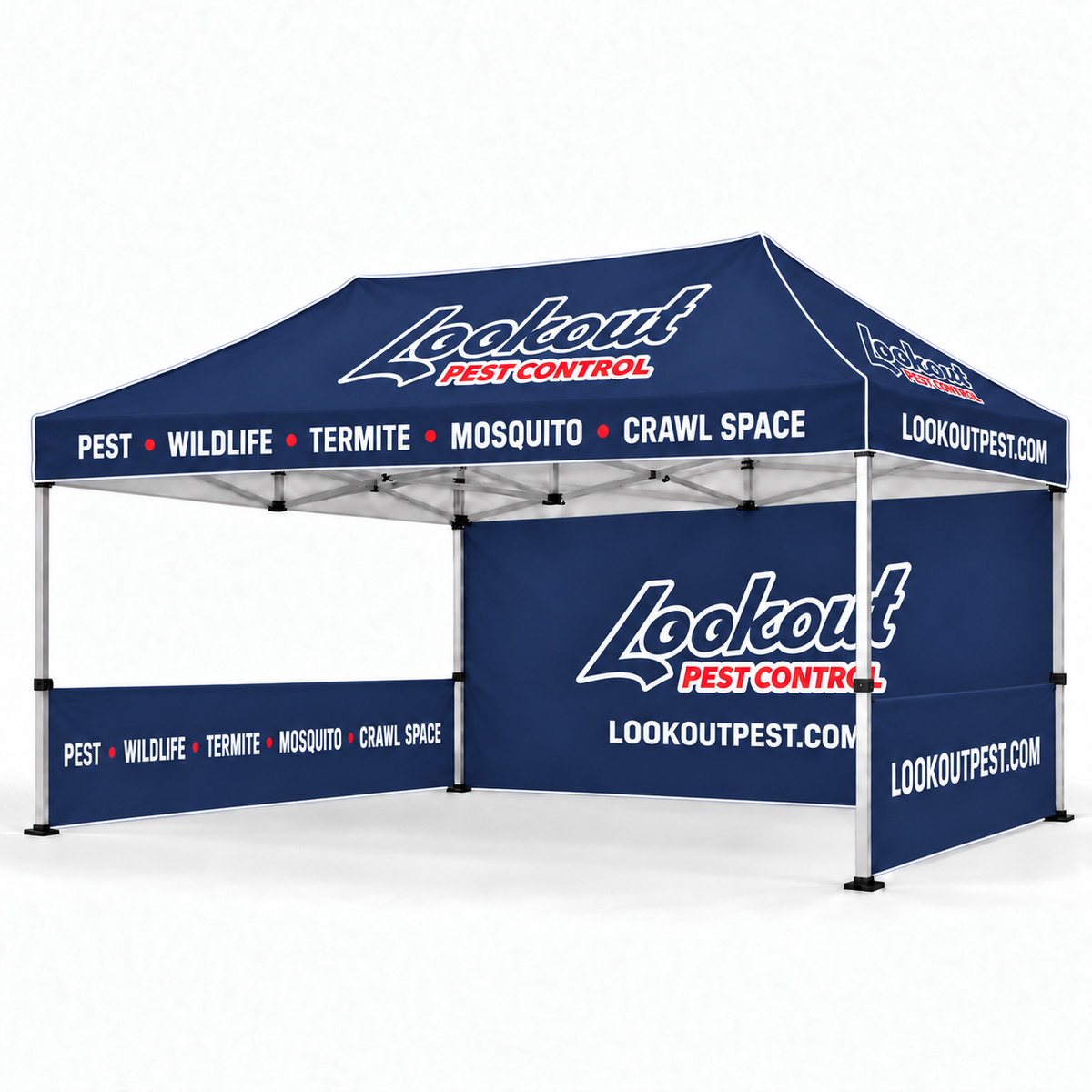 Lookout 10x15 tent — rear + two half sidewalls; illustrative mockup.