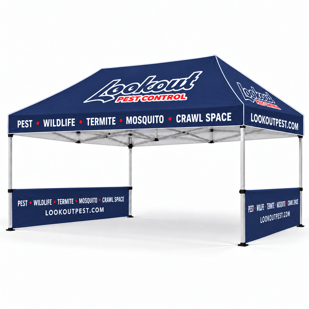 Lookout 10x15 tent — two half sidewalls; illustrative mockup.