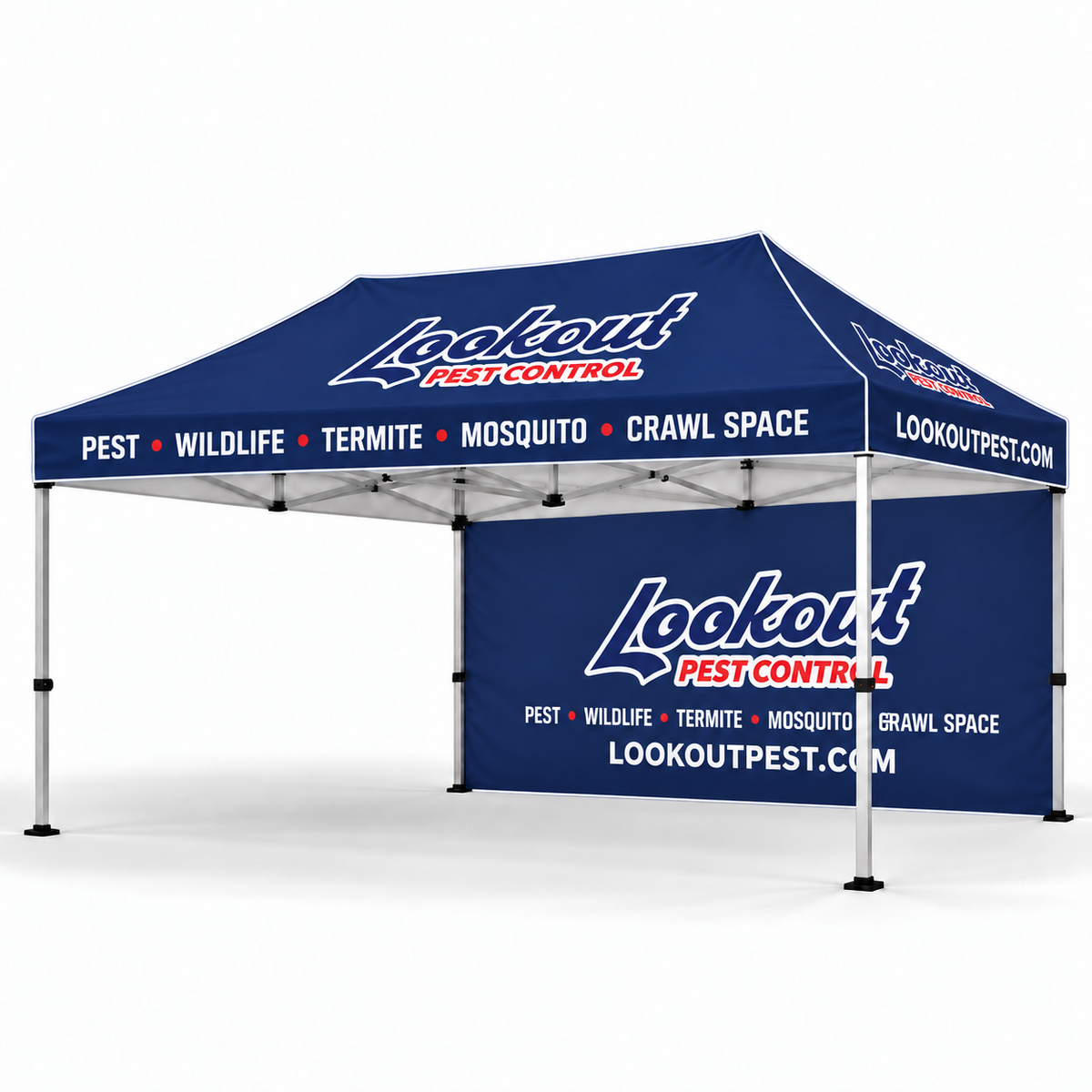 Lookout 10x15 tent — rear wall; illustrative mockup.
