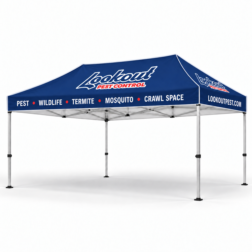 Lookout Pest Control 10 × 15 ft canopy tent with white canopy piping.