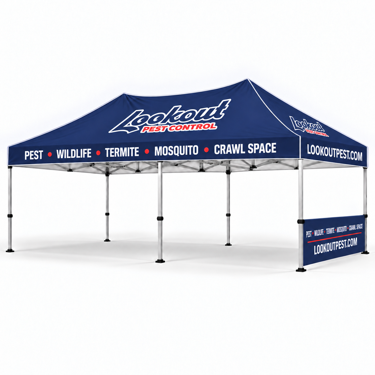 Lookout 10x20 tent — one half sidewall; illustrative mockup.