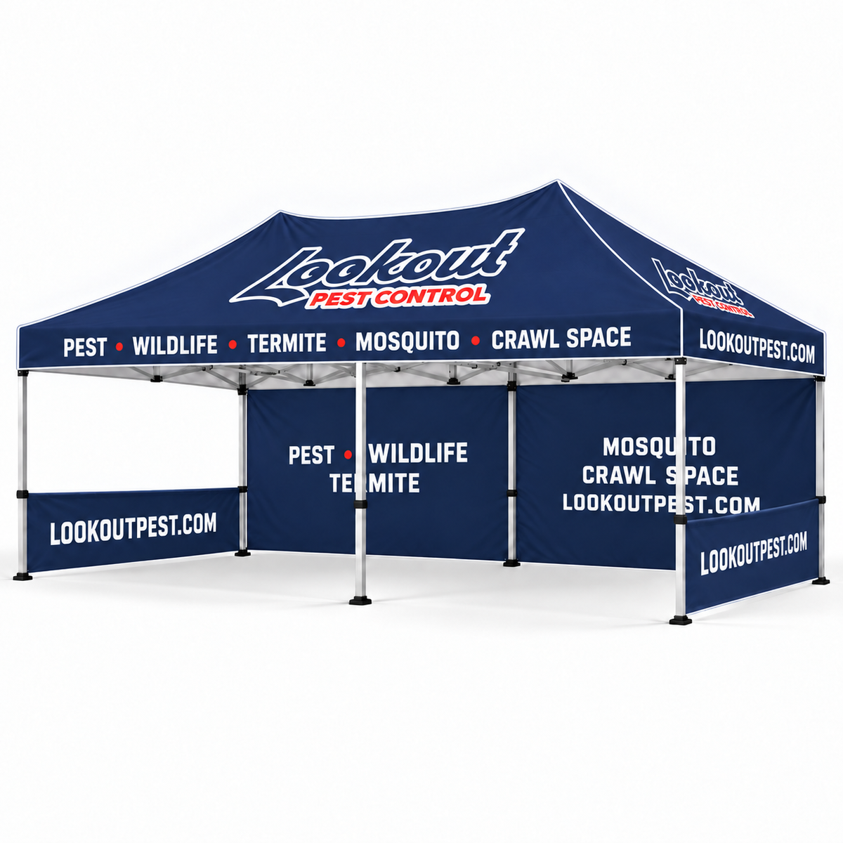 Lookout 10x20 tent — rear + two half sidewalls; illustrative mockup.
