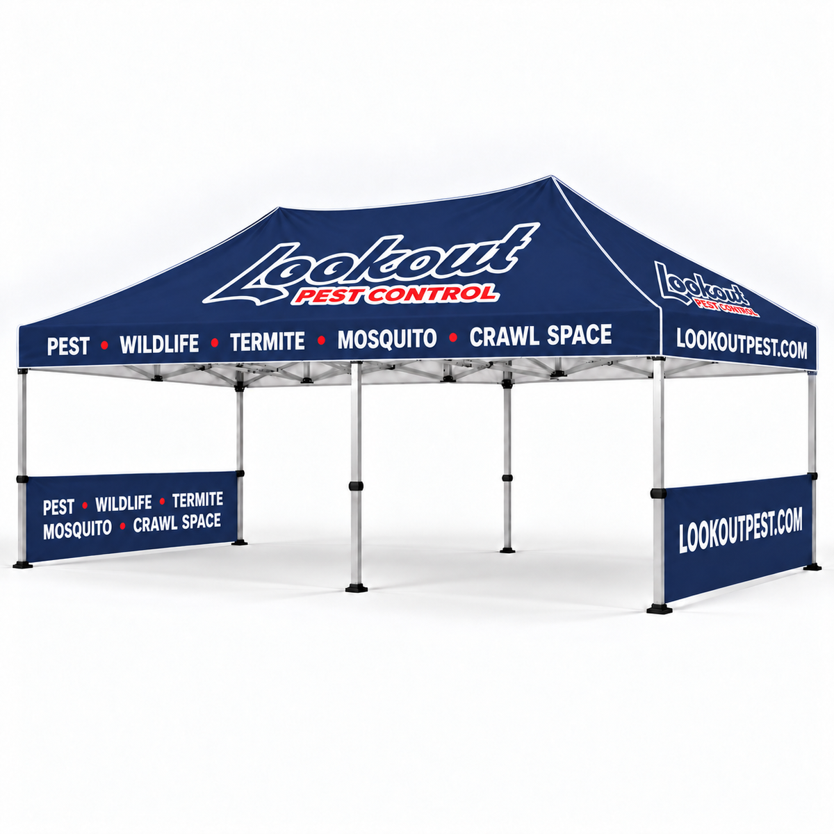 Lookout 10x20 tent — two half sidewalls; illustrative mockup.