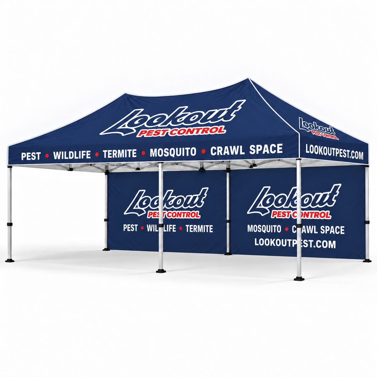 Lookout 10x20 tent — rear wall; illustrative mockup.