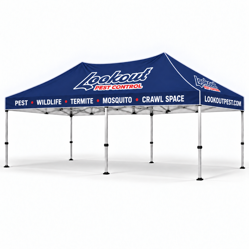 Lookout Pest Control 10 × 20 ft canopy tent with white canopy piping.