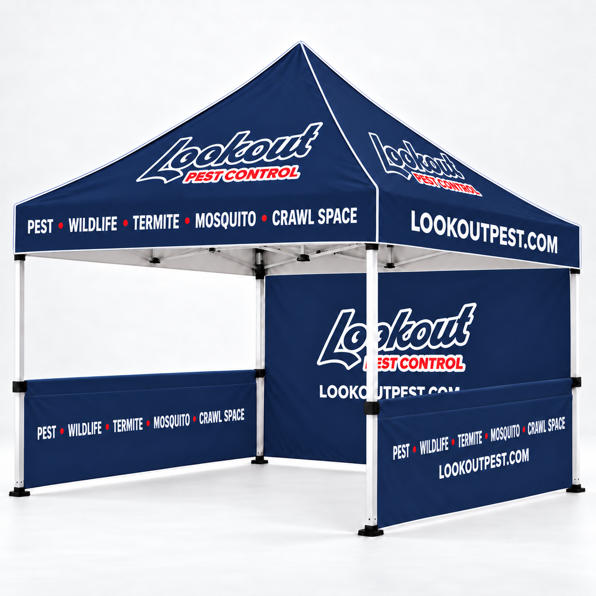Lookout Pest Control 10 × 10 ft canopy tent — Two half sidewalls + rear wall with white canopy piping.