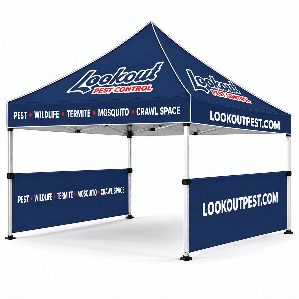 Lookout Pest Control 10 × 10 ft canopy tent — Two half sidewalls with white canopy piping.