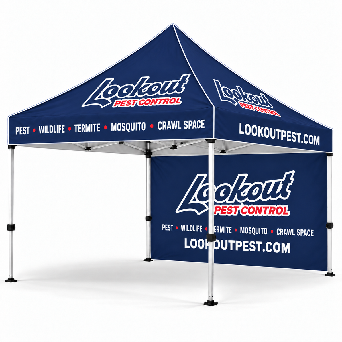 Lookout Pest Control 10 × 10 ft canopy tent — Rear wall with white canopy piping.