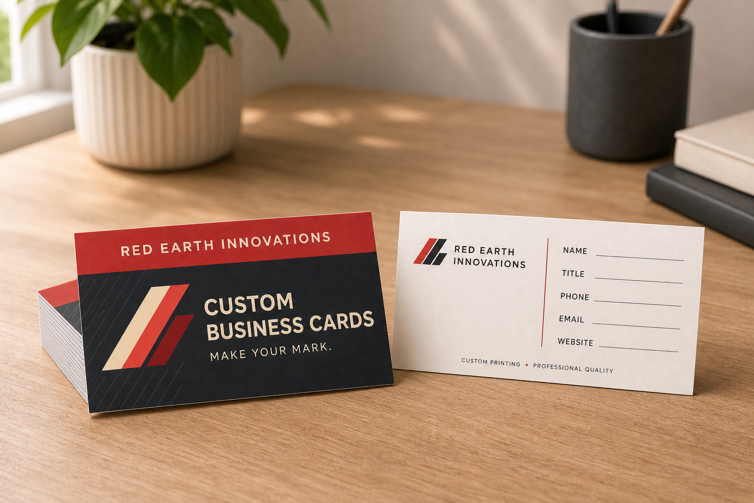 Custom Red Earth Innovations business cards showing front and back designs on a desk